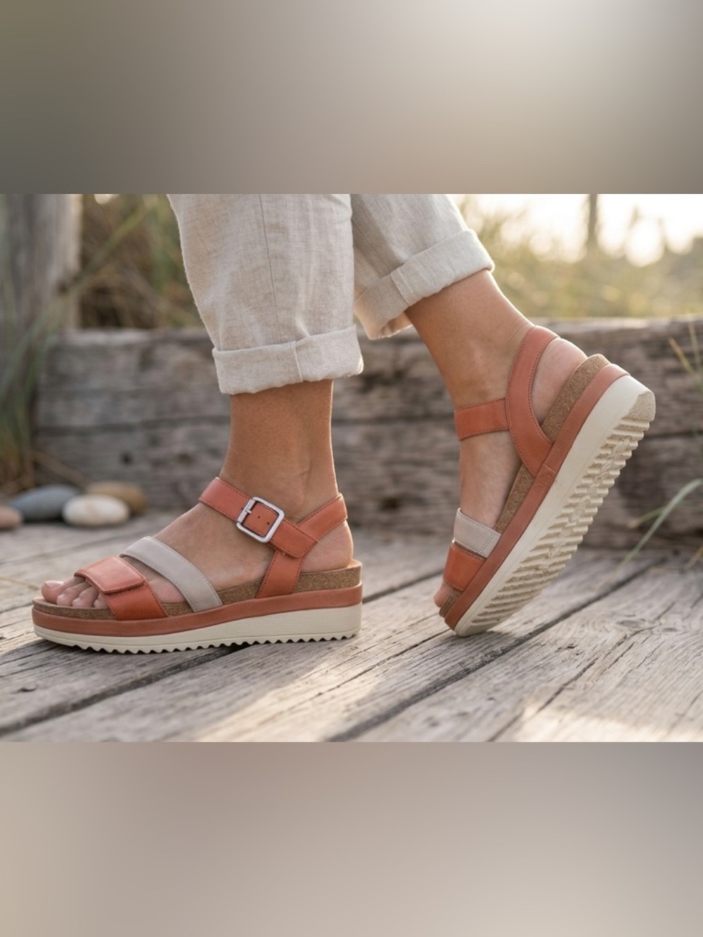 BRIOSO Women's Two-Tone Coral & Beige Platform Sandals | Adjustable Ankle Strap